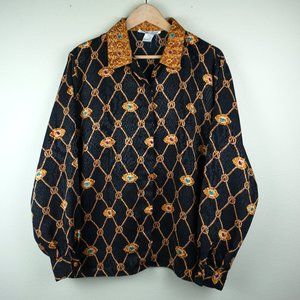 Vintage 90s Laura & Jayne Satin Jewel & Chain Print Long Sleeve Button Up Blouse